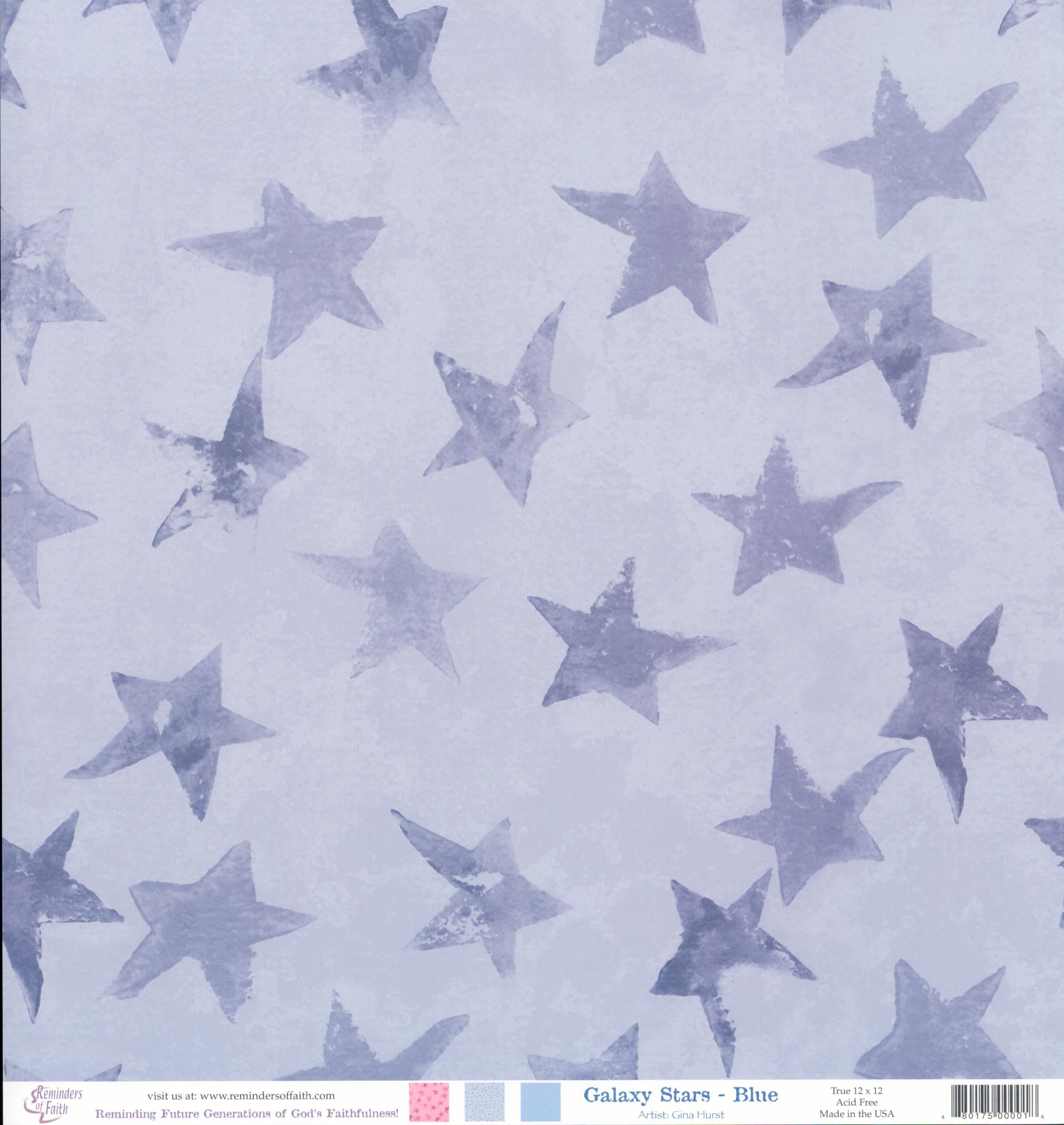 Reminders of Faith Galaxy Stars Blue 12x12 scrapbook paper with soft periwinkle watercolor stars on lavender background
