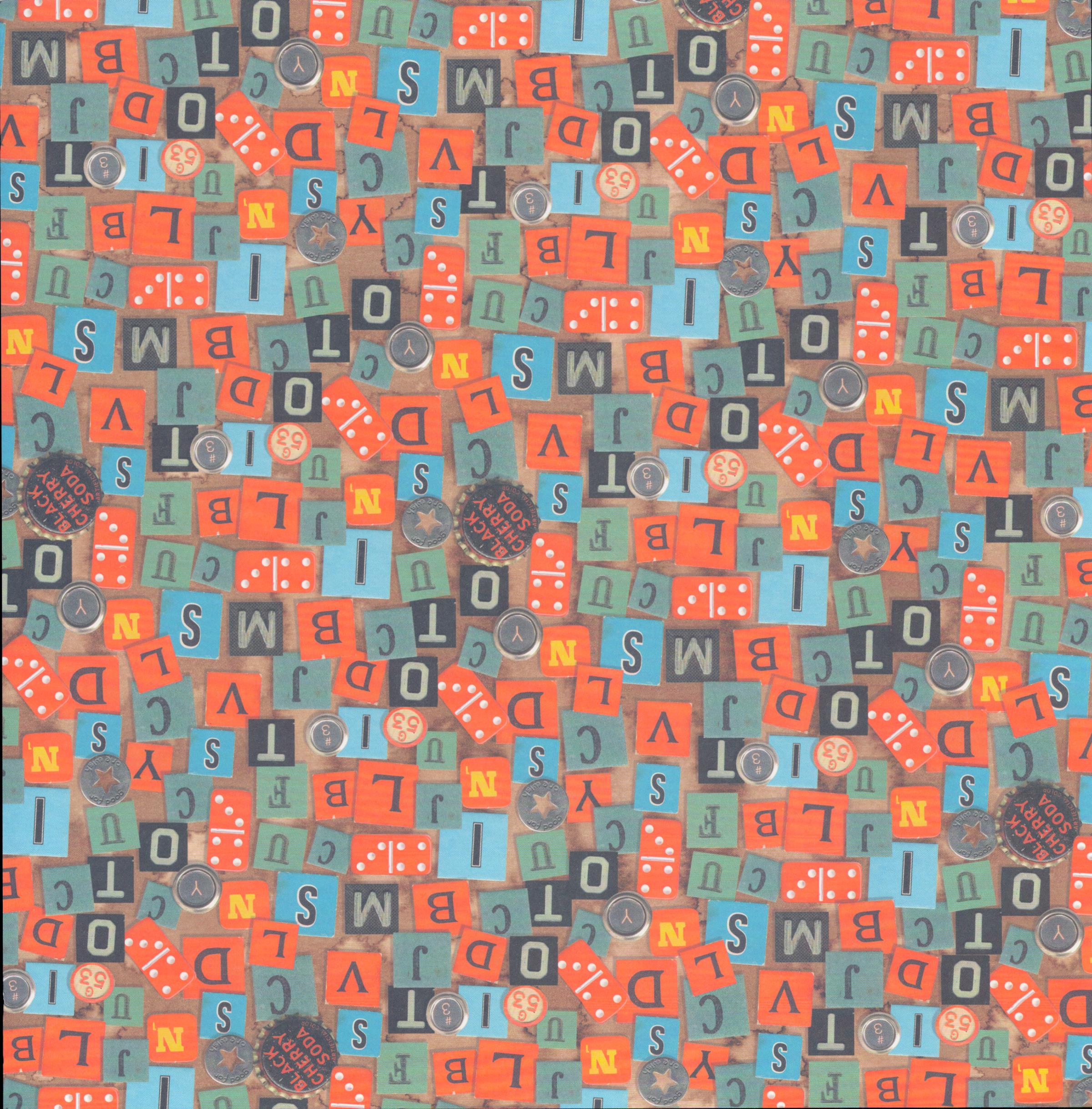 Design Originals Nostalgic Games Game Pieces 12x12 scrapbook paper with dense scatter of Scrabble tiles, red dice, dominoes, Black Cherry Soda bottle caps and star tokens in orange, teal and grey