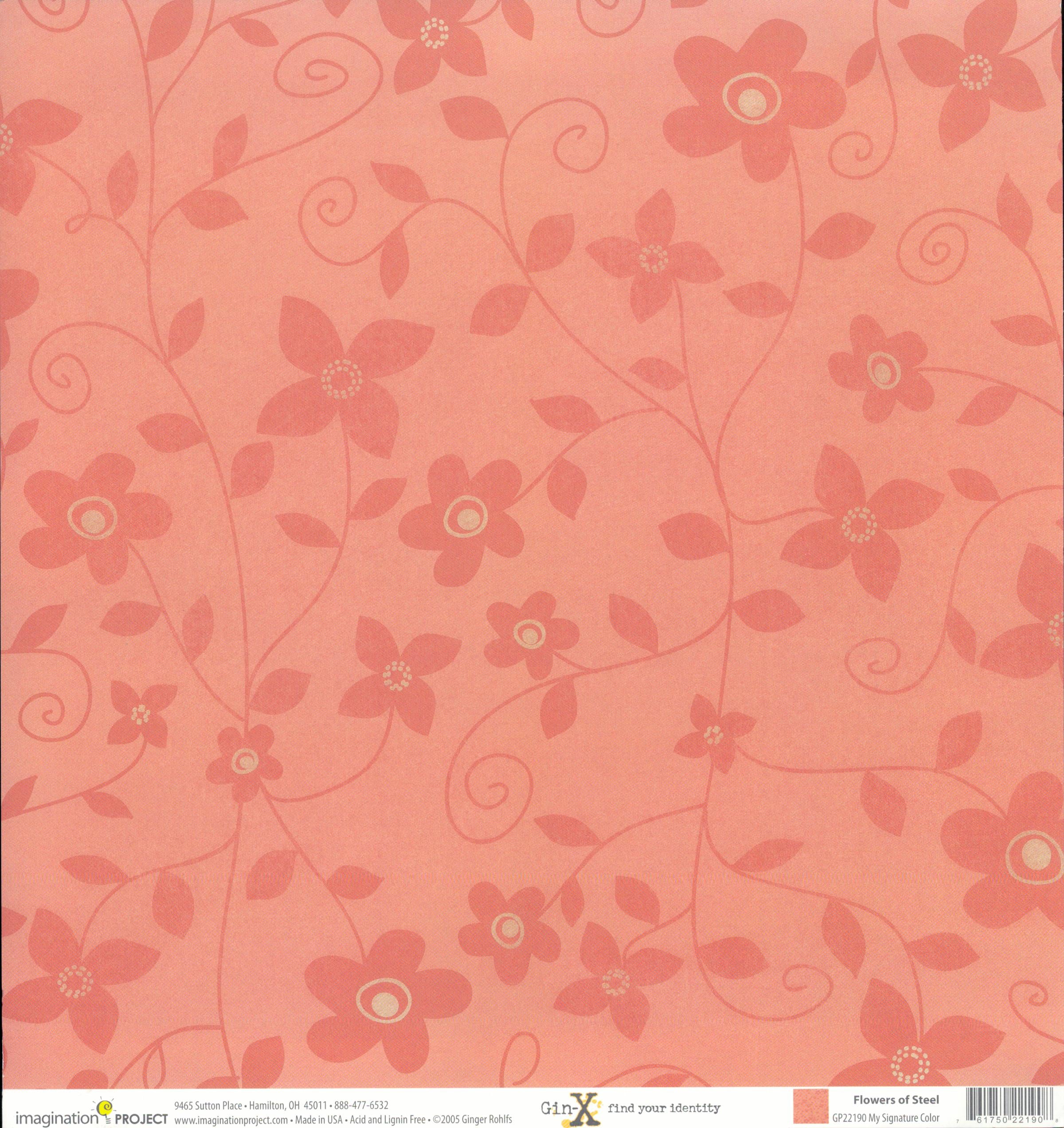 Imagination Project Gin-X Flowers of Steel My Signature Color 12x12 cardstock — tone-on-tone coral and salmon floral with flowing vines and five-petal flowers