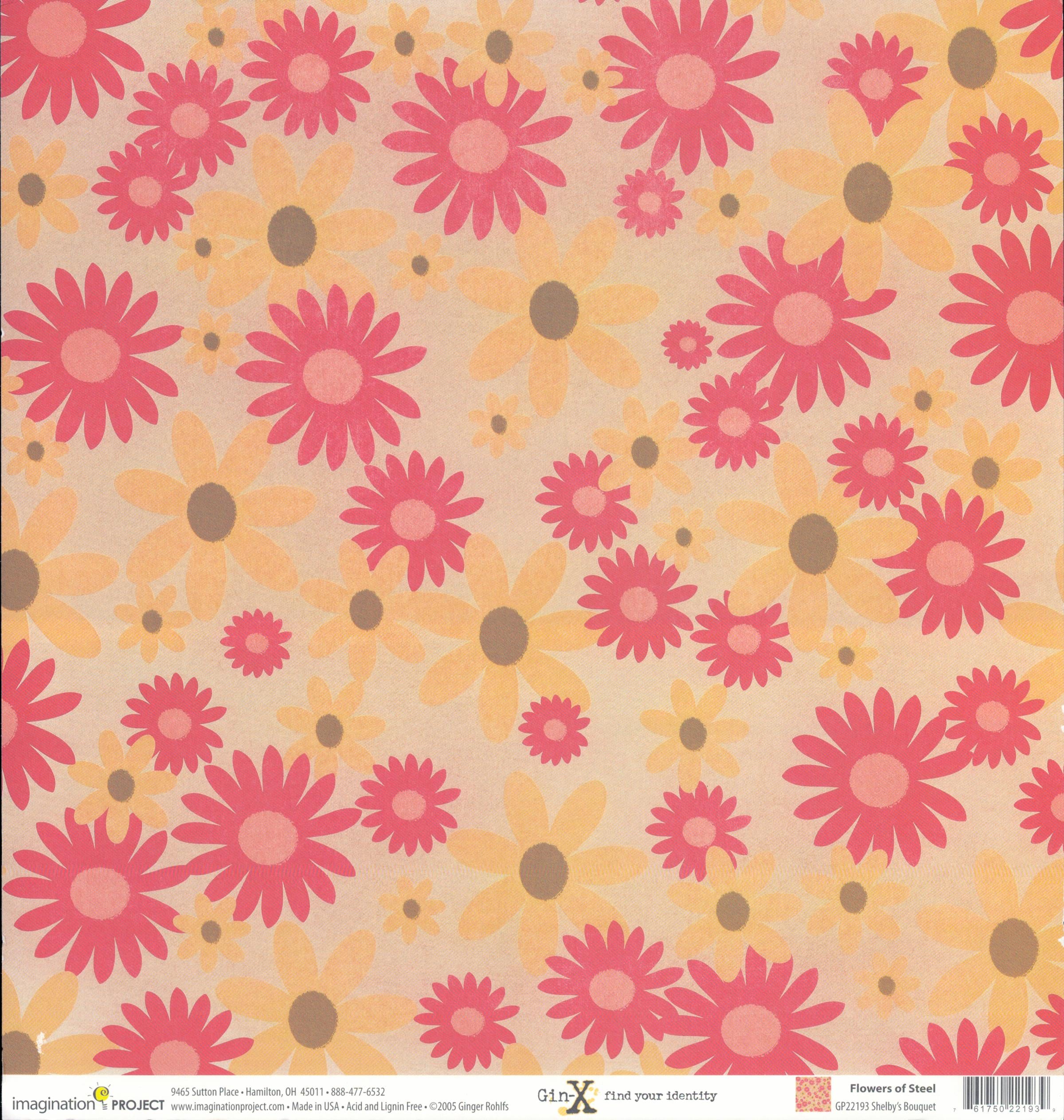 Imagination Project Gin-X Flowers of Steel Shelby's Bouquet 12x12 cardstock — hot pink and coral daisies with golden yellow flowers on cream background