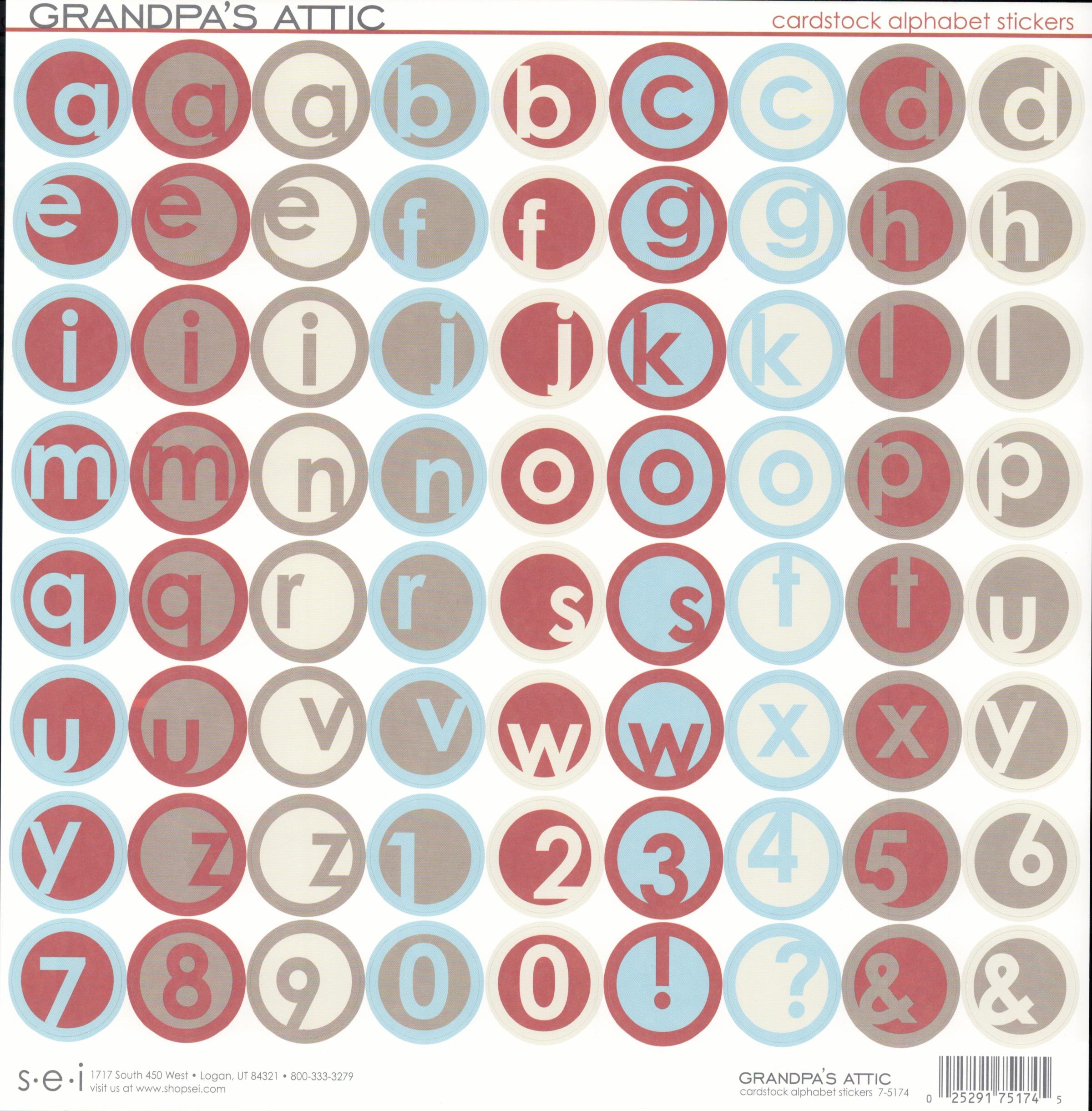 SEI Grandpa's Attic Cardstock Alphabet Stickers — lowercase letters and numbers on round circle stickers in burgundy, powder blue, taupe and cream