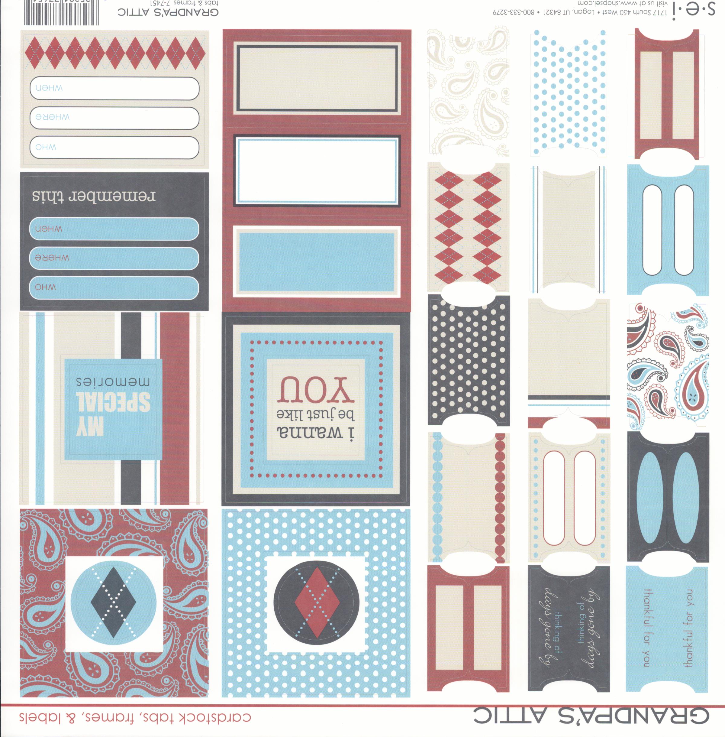 SEI Grandpa's Attic Cardstock Tabs, Frames & Labels sticker sheet — tabs, photo frames, journaling blocks and sentiment stickers in burgundy, blue, gray and cream