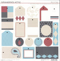 SEI Grandpa's Attic Die-Cut Tags sheet — assorted tag shapes featuring argyle, paisley, polka dots, stripes and solids in burgundy, blue and gray