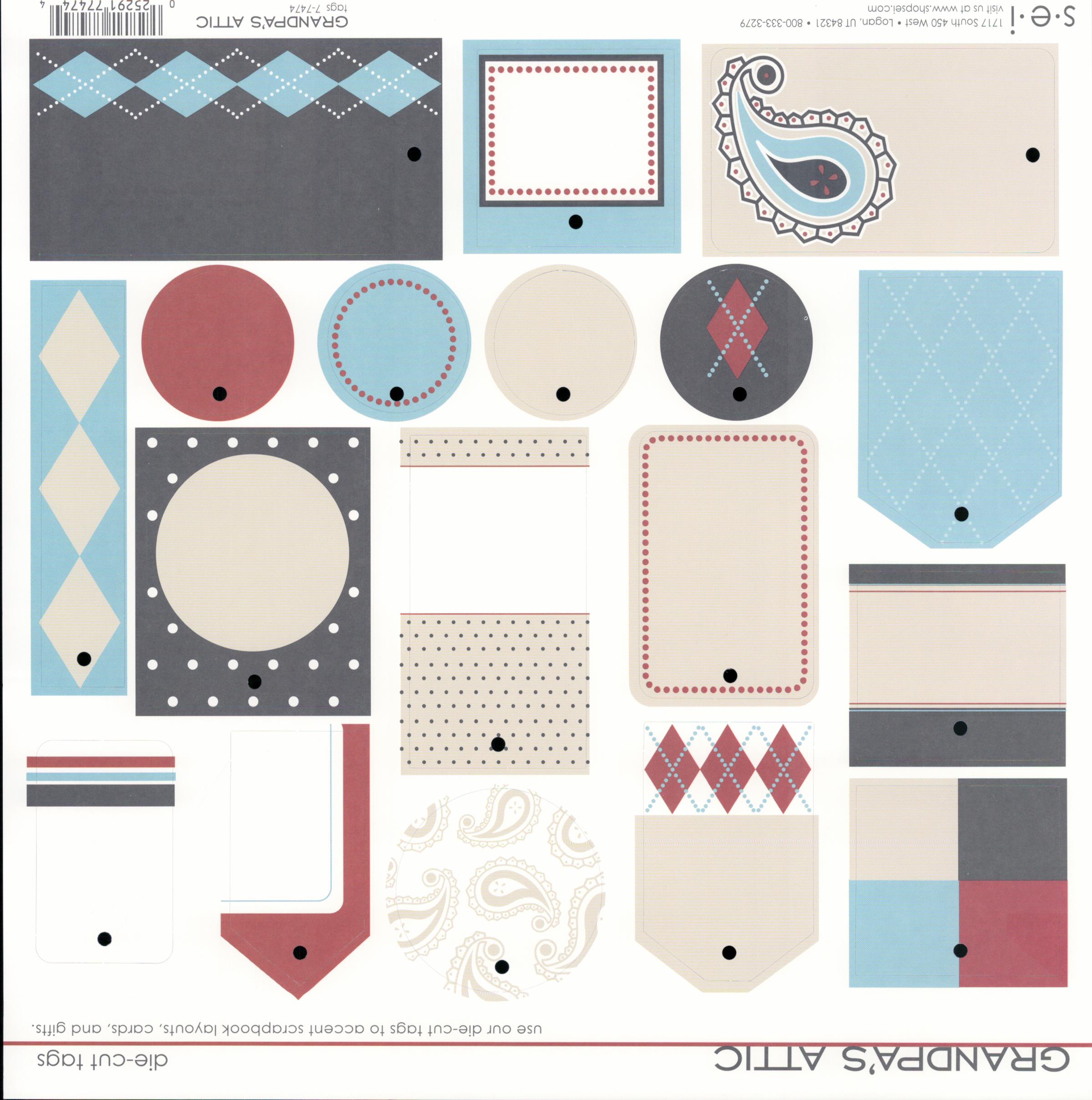 SEI Grandpa's Attic Die-Cut Tags sheet — assorted tag shapes featuring argyle, paisley, polka dots, stripes and solids in burgundy, blue and gray
