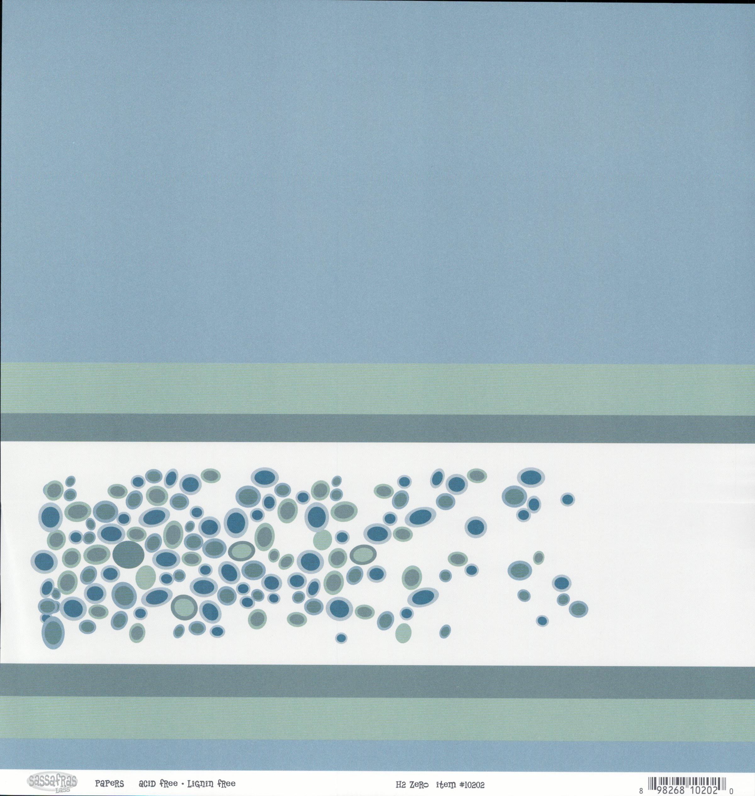 Sassafras Lass H2 Zero cardstock with dusty blue field, sage stripes and scattered bubble ovals on white band