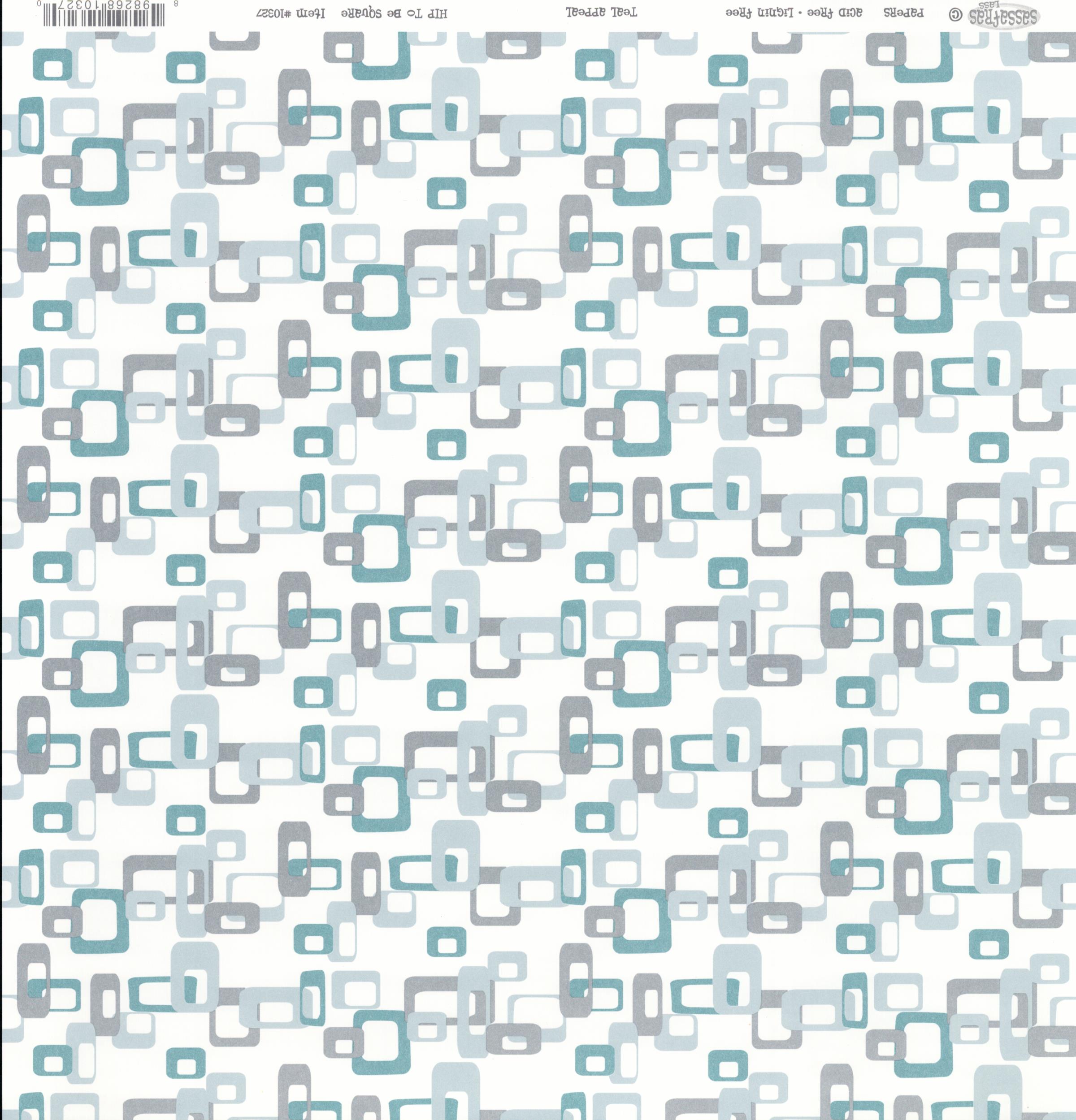 Sassafras Lass Teal Appeal Hip To Be Square cardstock with scattered rounded squares in teal, grey and blue on white
