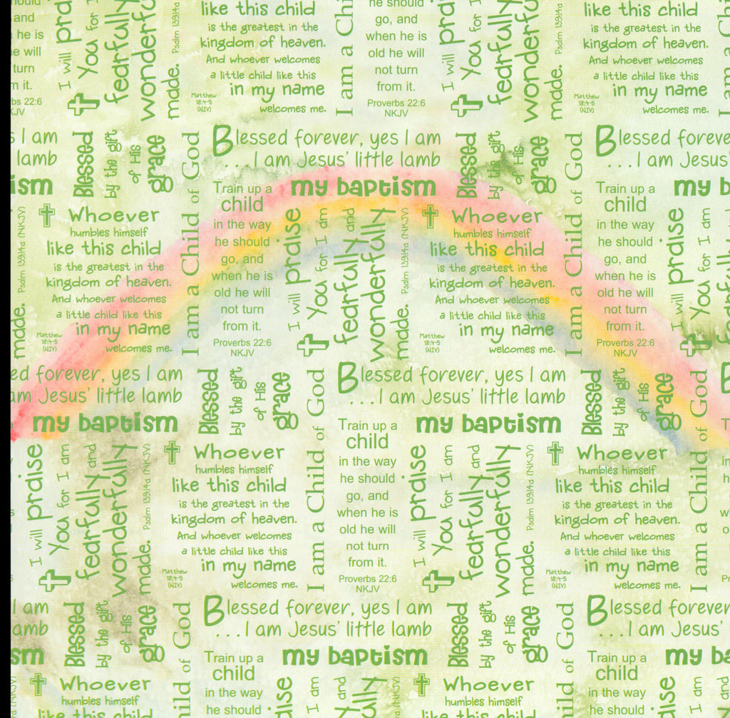 It Takes Two My Baptism 12x12 scrapbook paper with green scripture text and rainbow watercolor background