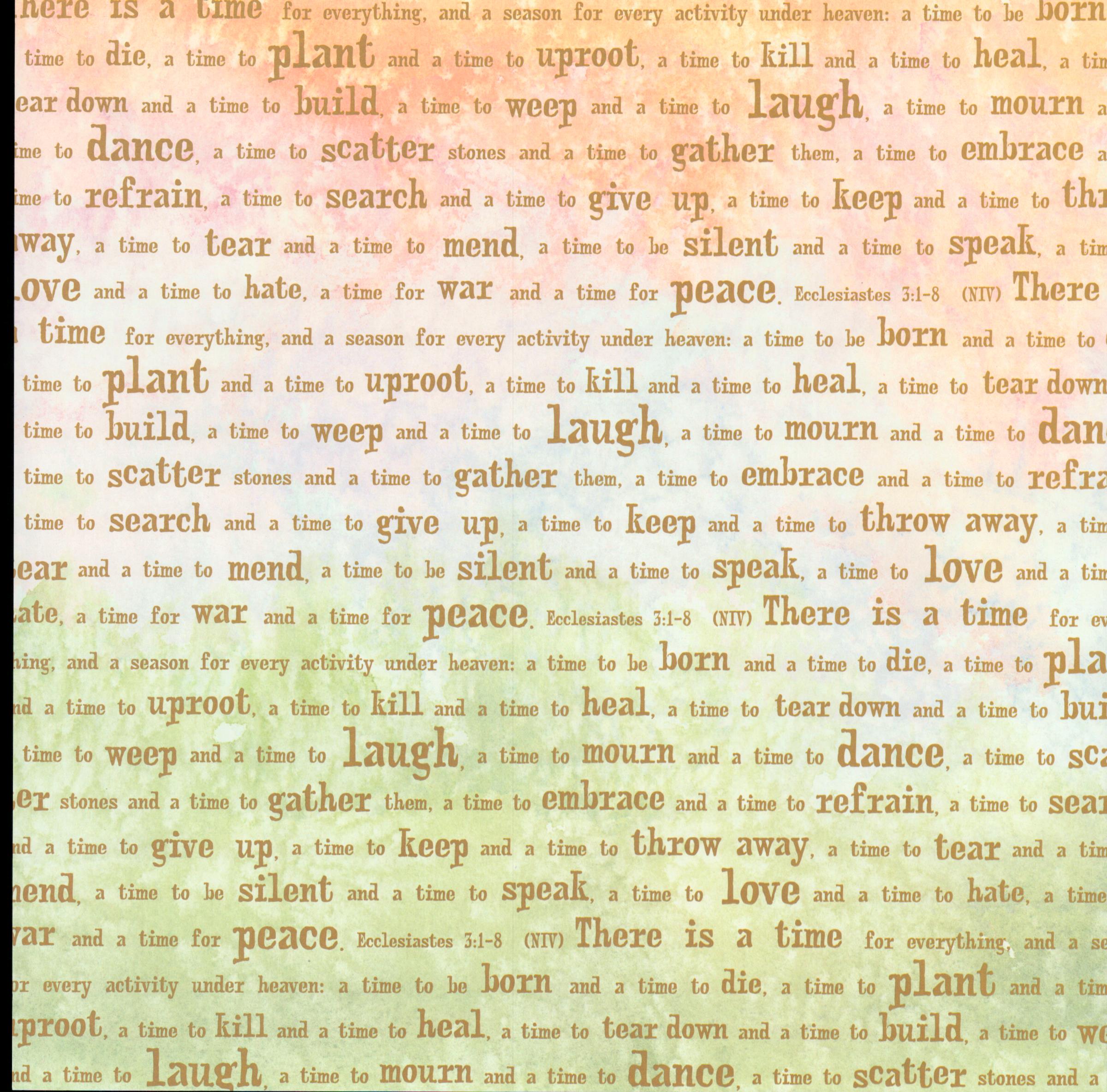 It Takes Two A Time For 12x12 scrapbook paper with Ecclesiastes 3:1-8 scripture text in mixed typography on soft peach and sage watercolor background