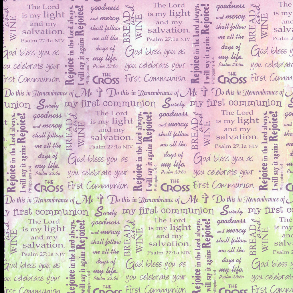 It Takes Two My First Communion 12x12 scrapbook paper with First Communion scripture text on soft pink, lavender, and sage watercolor background