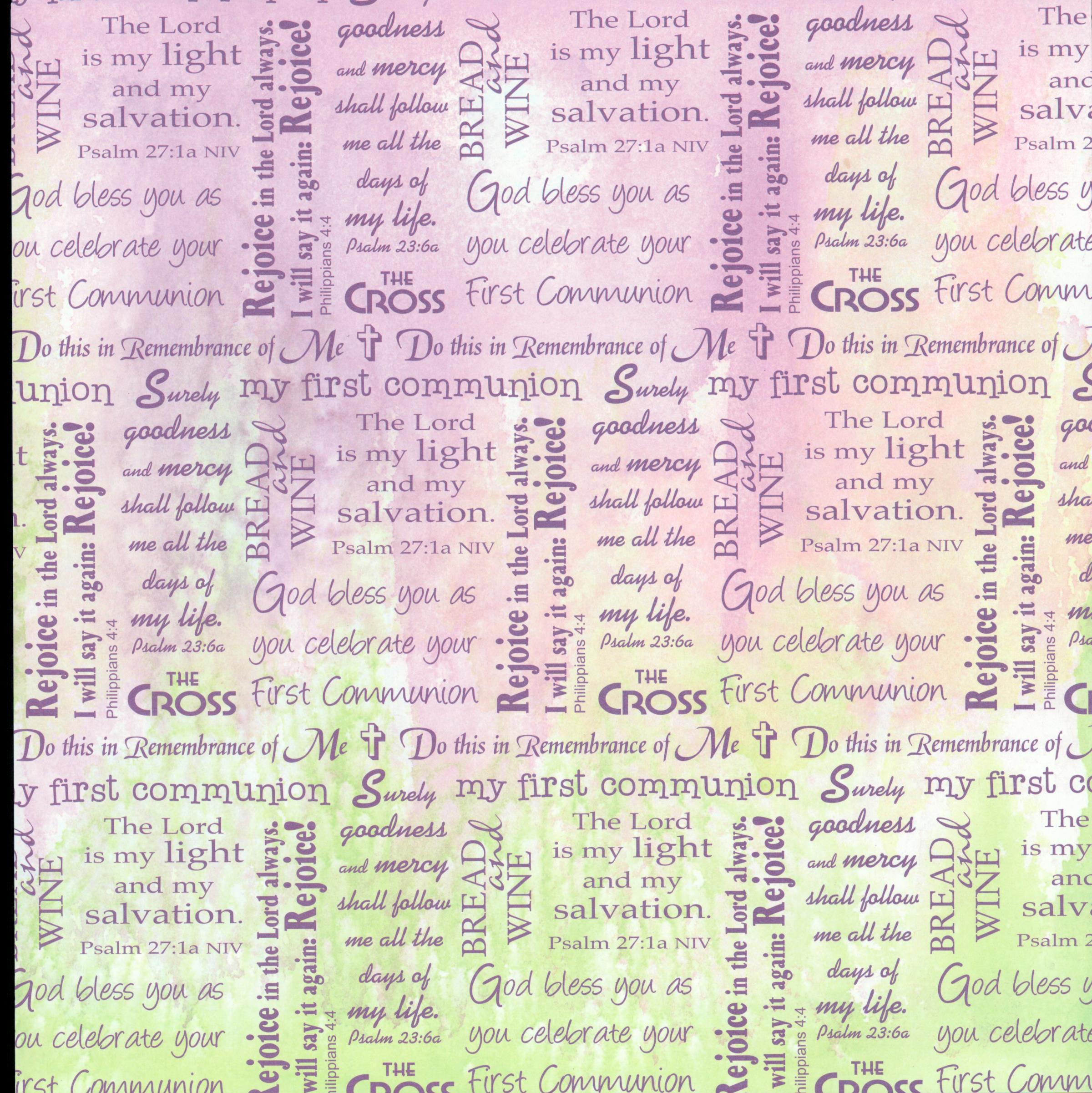 It Takes Two My First Communion 12x12 scrapbook paper with First Communion scripture text on soft pink, lavender, and sage watercolor background