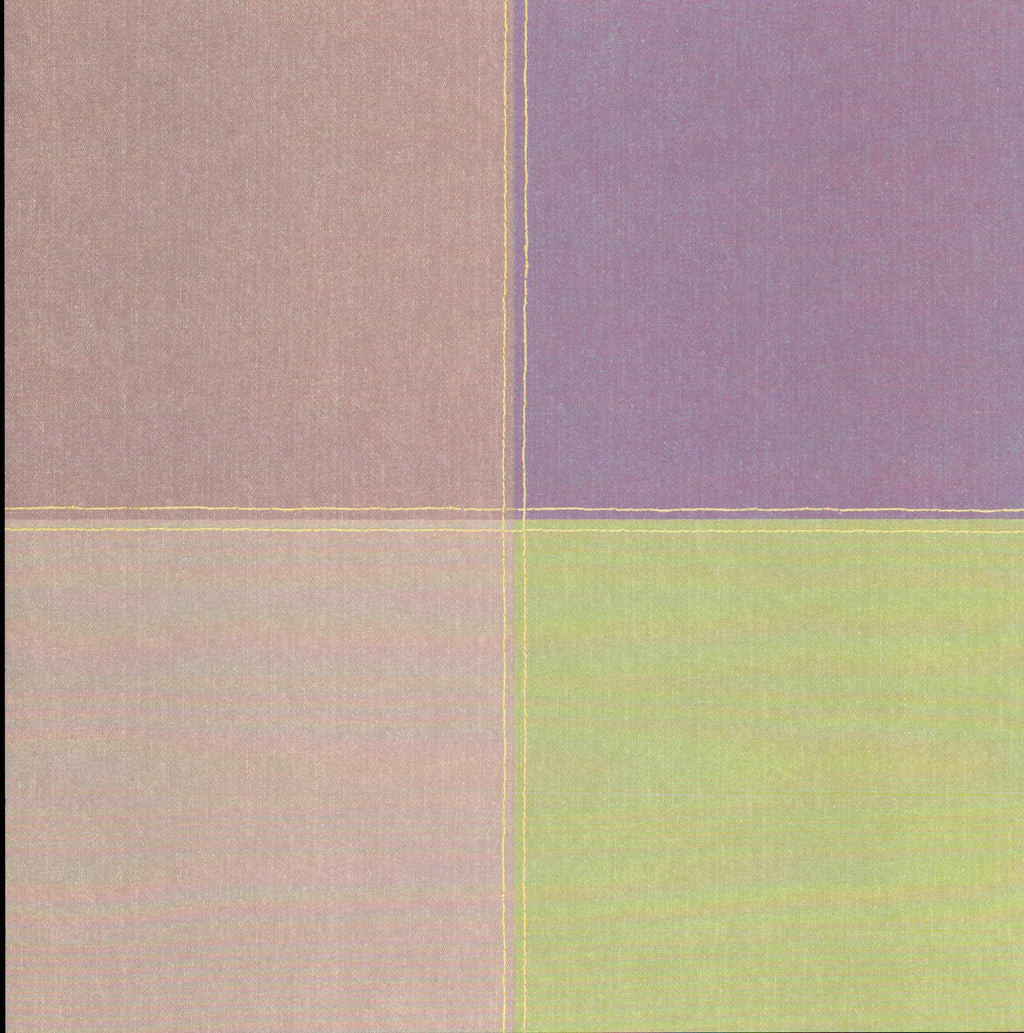 Leisure Arts Four Square Green 12x12 scrapbook paper - four color-block squares in dusty rose, lavender, blush, and chartreuse on linen texture
