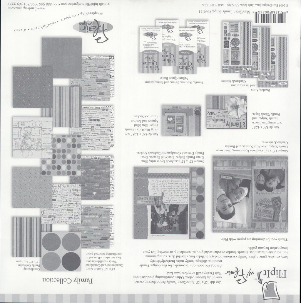 Flair Designs Blue Green Family Stripe 12x12 scrapbook paper - reverse side showing Family Collection coordinating products