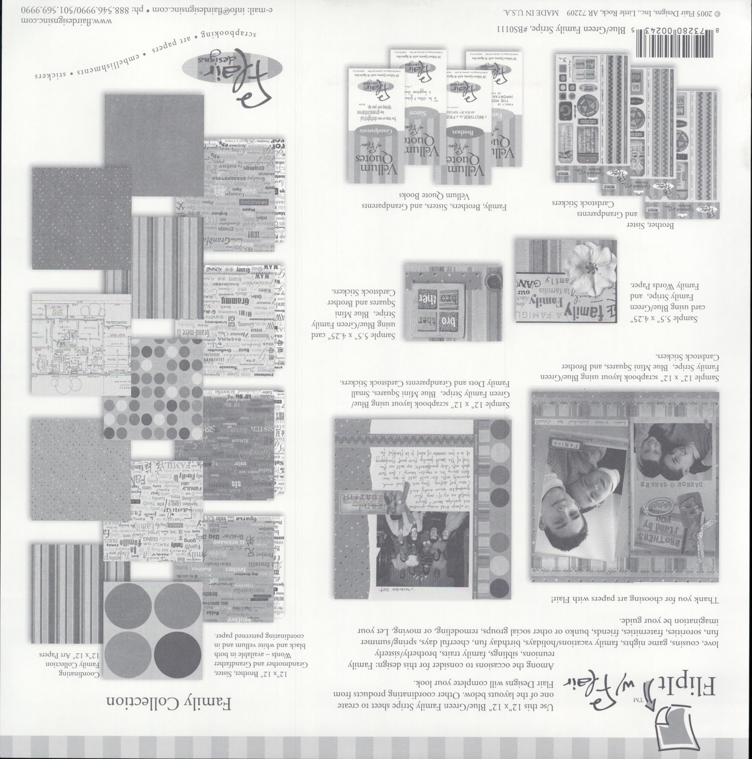 Flair Designs Blue Green Family Stripe 12x12 scrapbook paper - reverse side showing Family Collection coordinating products