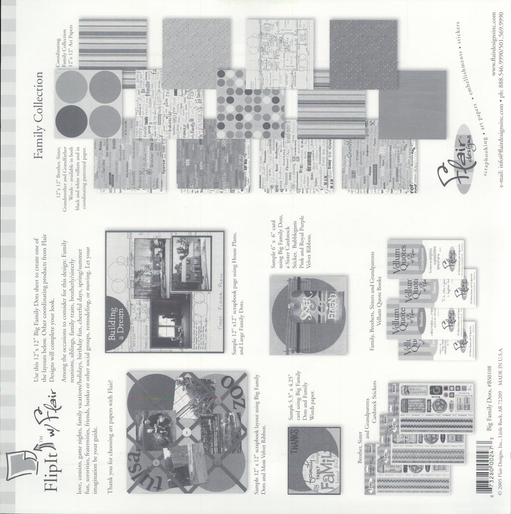 Flair Designs Big Family Dots 12x12 scrapbook paper - reverse side showing Family Collection coordinating products