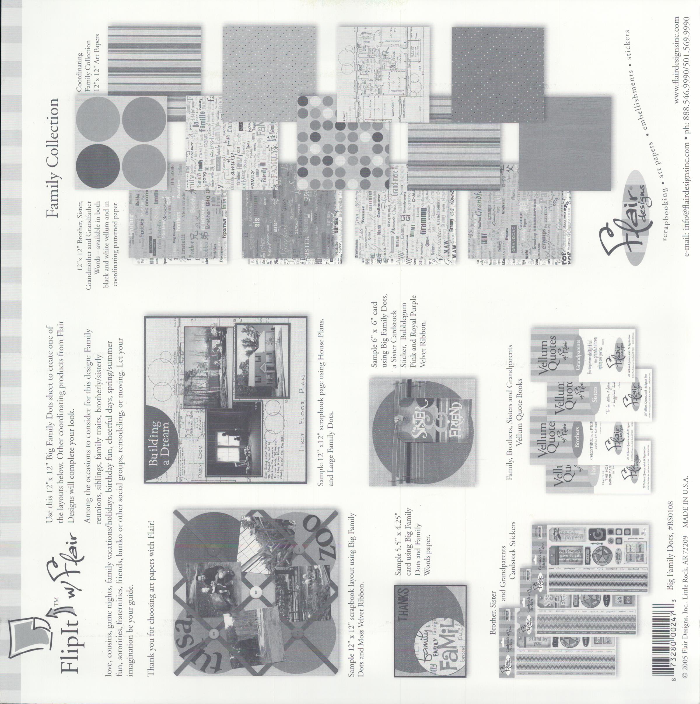Flair Designs Big Family Dots 12x12 scrapbook paper - reverse side showing Family Collection coordinating products