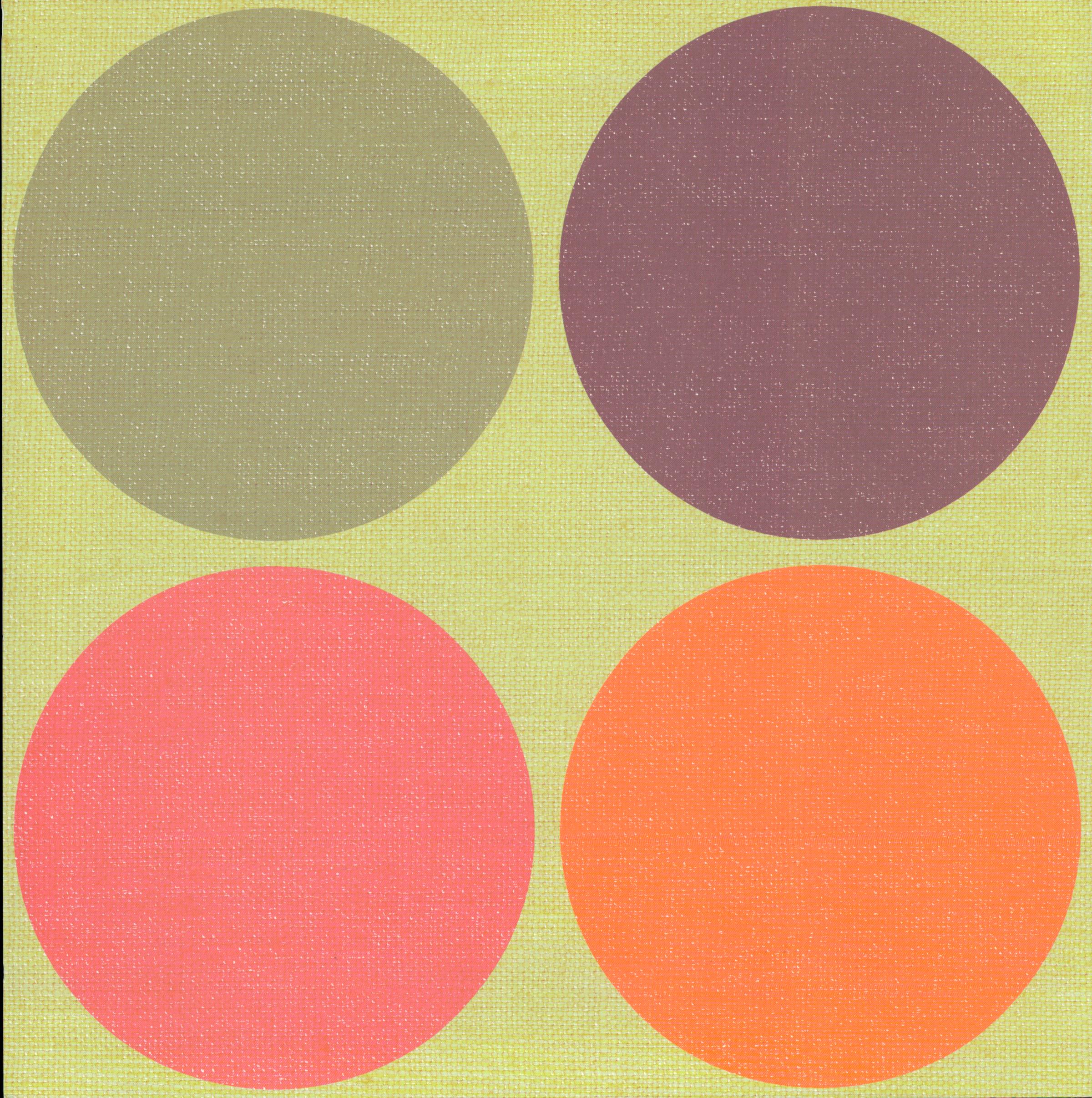Flair Designs Big Family Dots 12x12 scrapbook paper - four oversized dots in sage, plum, coral, and orange on chartreuse linen-texture background