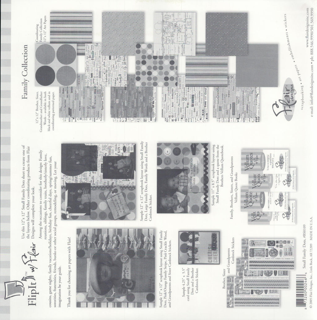 Flair Designs Small Family Dots 12x12 scrapbook paper - reverse side showing Family Collection coordinating products