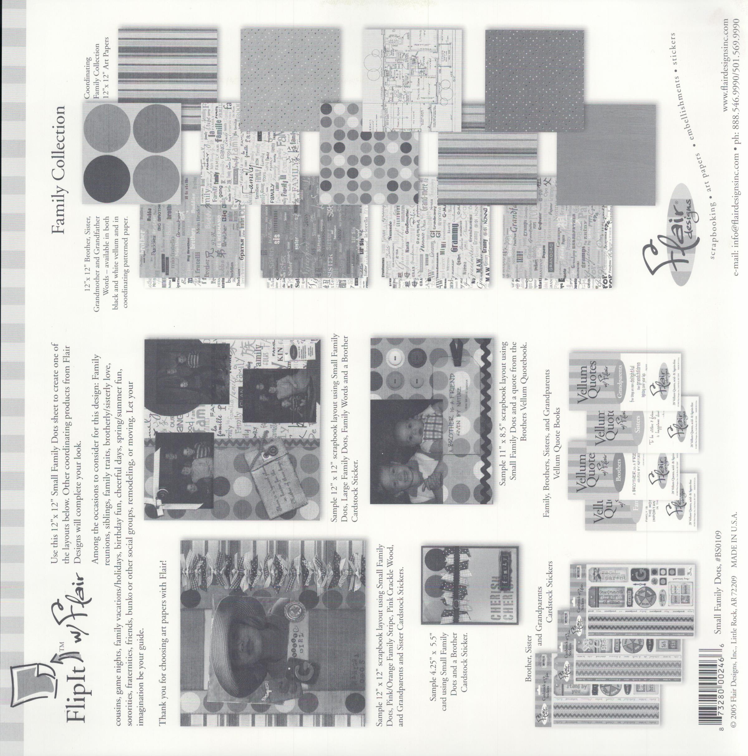 Flair Designs Small Family Dots 12x12 scrapbook paper - reverse side showing Family Collection coordinating products