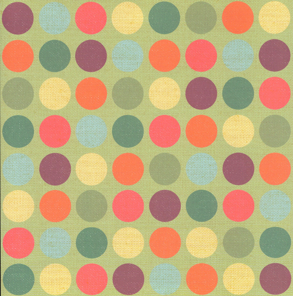 Flair Designs Small Family Dots 12x12 scrapbook paper - large multicolor polka dots on sage green linen-texture background
