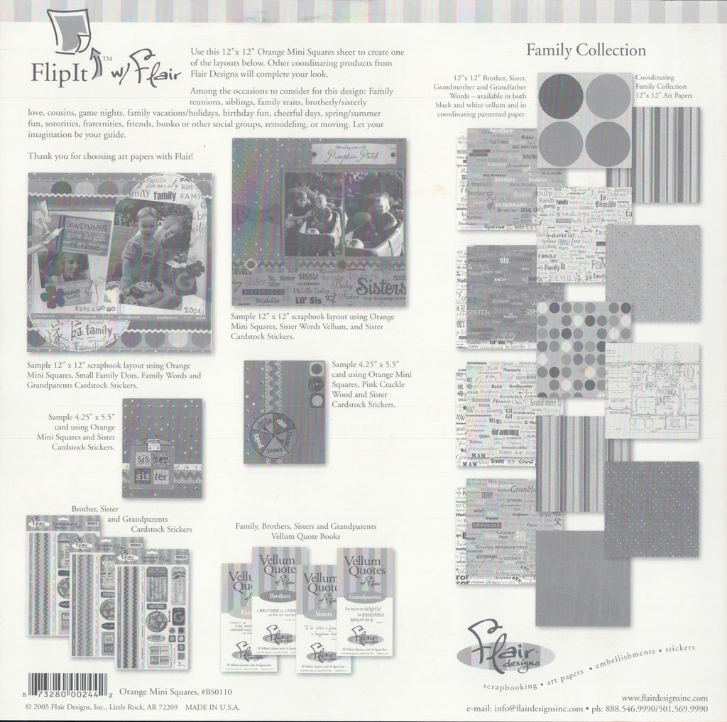 Flair Designs Orange Mini Squares 12x12 scrapbook paper - reverse side showing Family Collection coordinating products