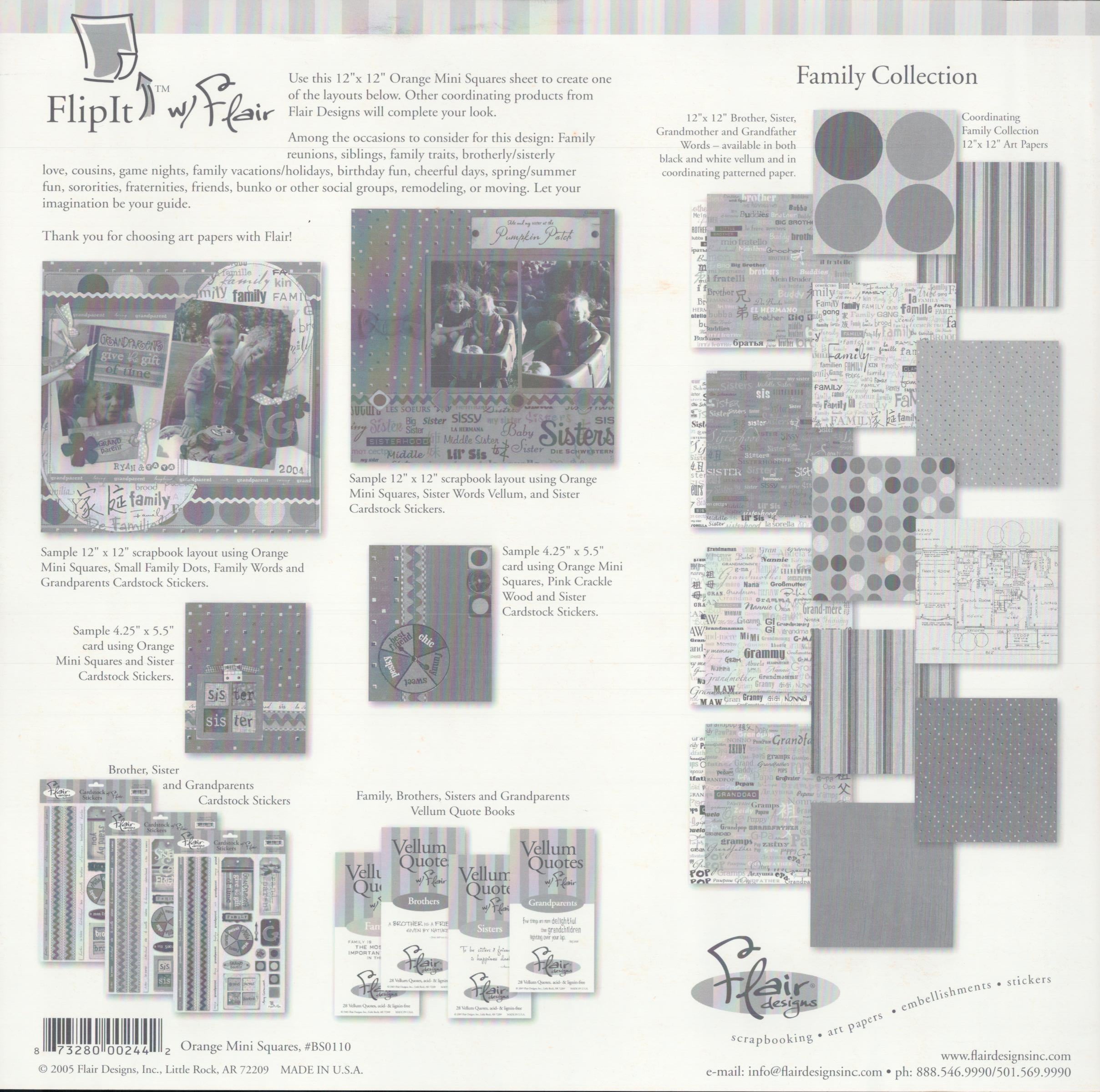 Flair Designs Orange Mini Squares 12x12 scrapbook paper - reverse side showing Family Collection coordinating products