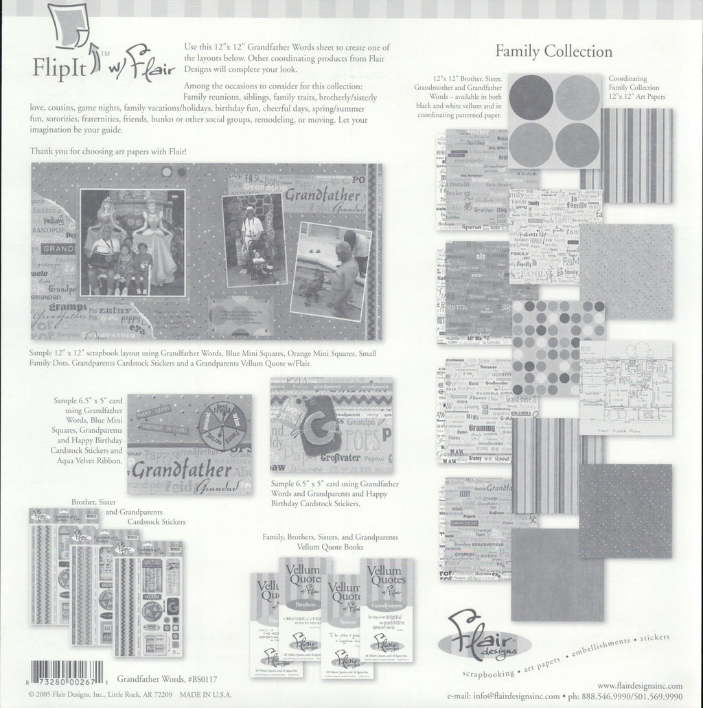 Flair Designs Grandfather Words 12x12 scrapbook paper - reverse side showing Family Collection coordinating products, item BS0117