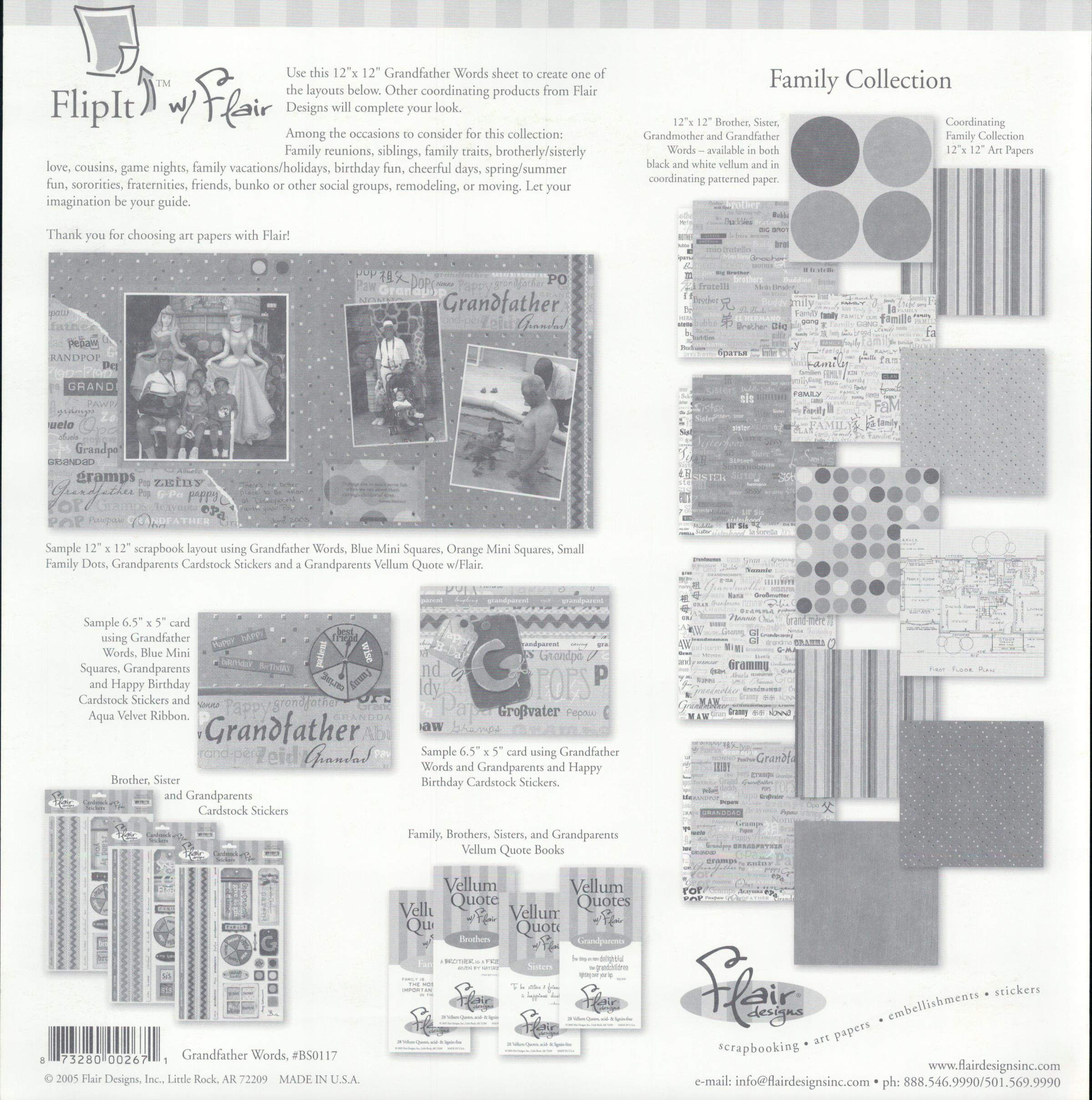Flair Designs Grandfather Words 12x12 scrapbook paper - reverse side showing Family Collection coordinating products, item BS0117