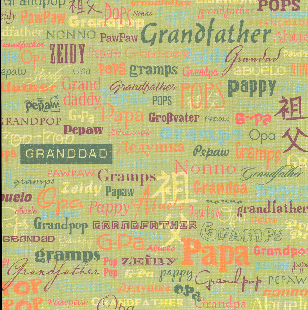 Flair Designs Grandfather Words 12x12 scrapbook paper - colorful multilingual grandfather names on sage green linen background