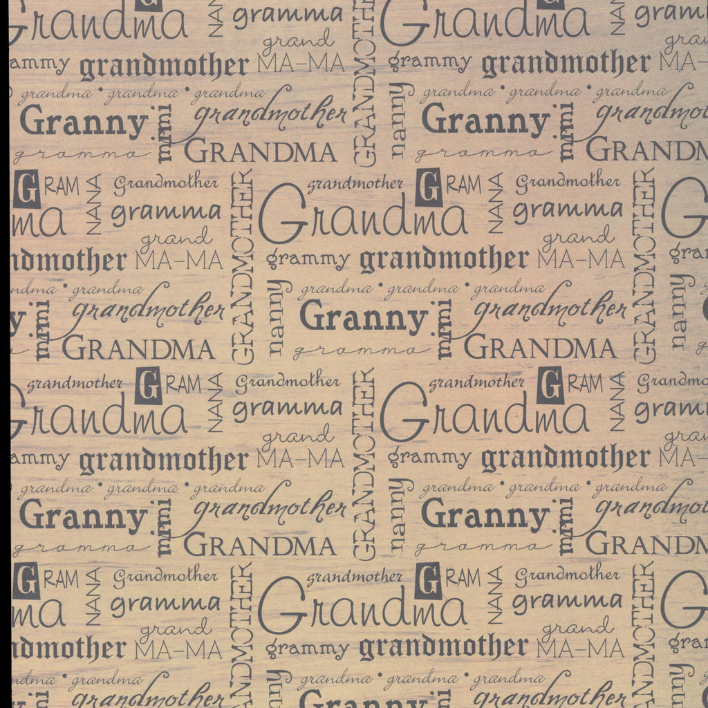 It Takes Two Grandmother Words 12x12 scrapbook paper - grandmother names in mixed dark typography on warm kraft natural wood-grain background