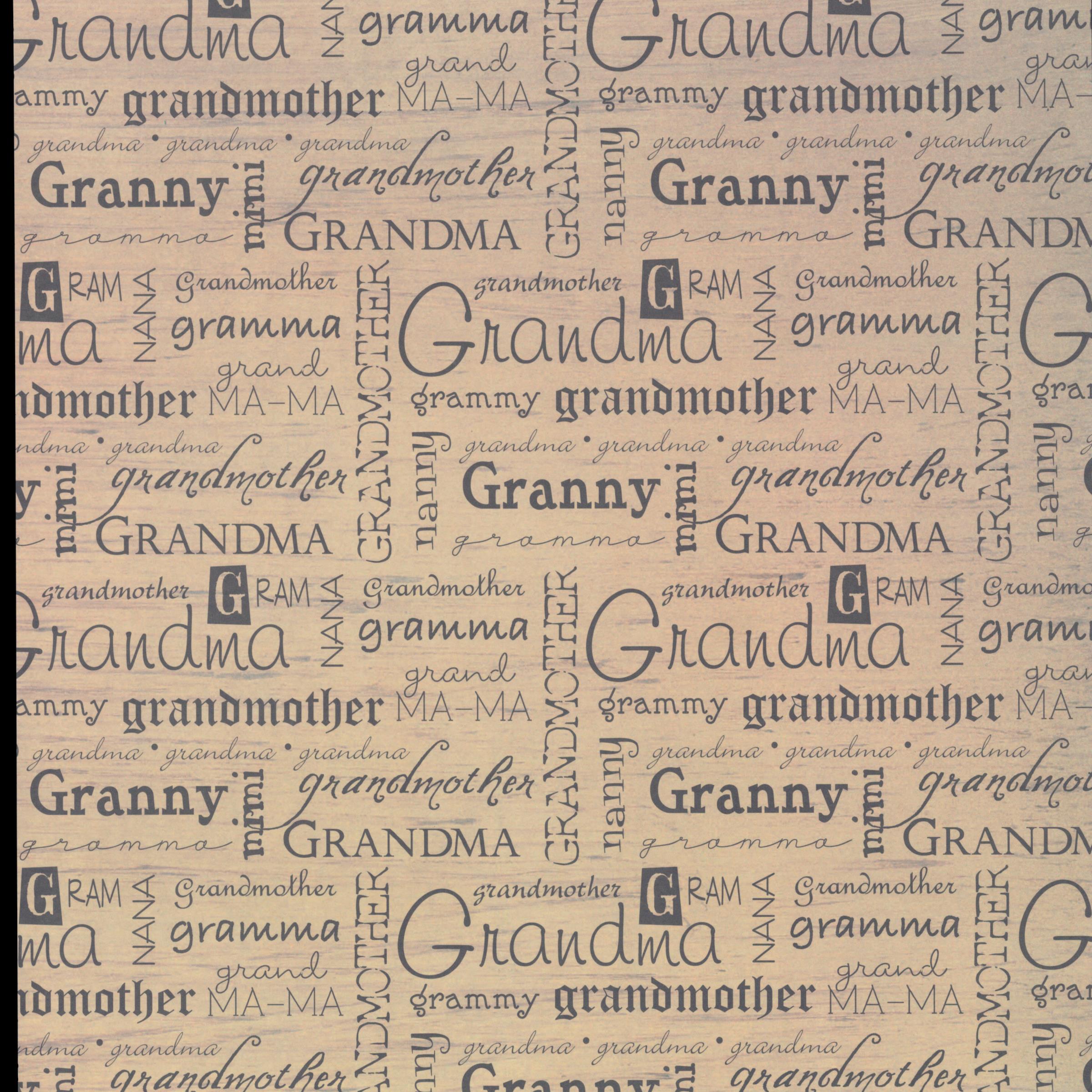 It Takes Two Grandmother Words 12x12 scrapbook paper - grandmother names in mixed dark typography on warm kraft natural wood-grain background