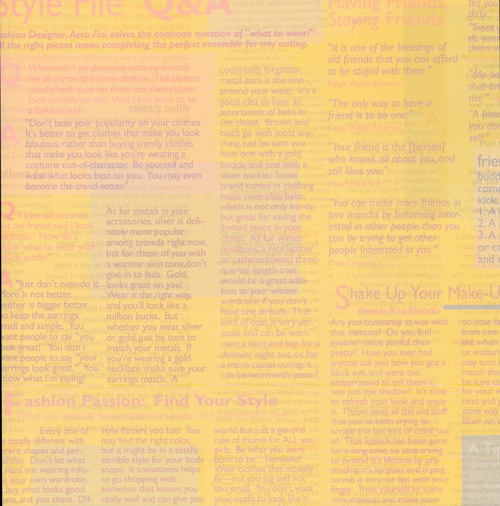 Karen Foster Design Yellow Magazine 12x12 scrapbook paper - soft yellow background with pink and coral fashion magazine article text overlay