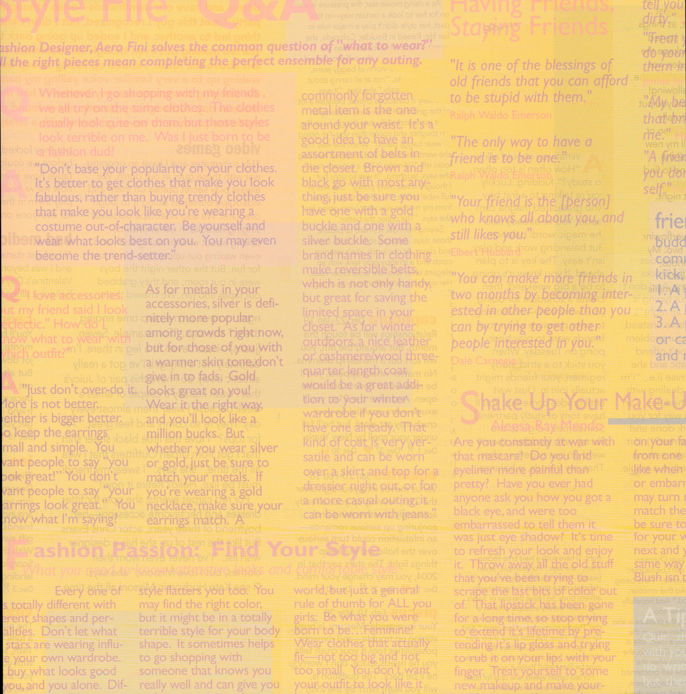 Karen Foster Design Yellow Magazine 12x12 scrapbook paper - soft yellow background with pink and coral fashion magazine article text overlay