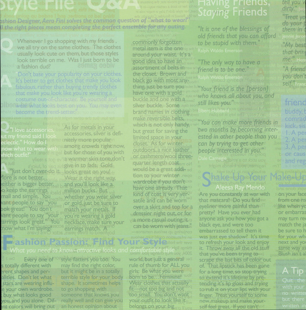 Karen Foster Design Green Magazine 12x12 scrapbook paper - sage green background with green and teal fashion magazine article text overlay