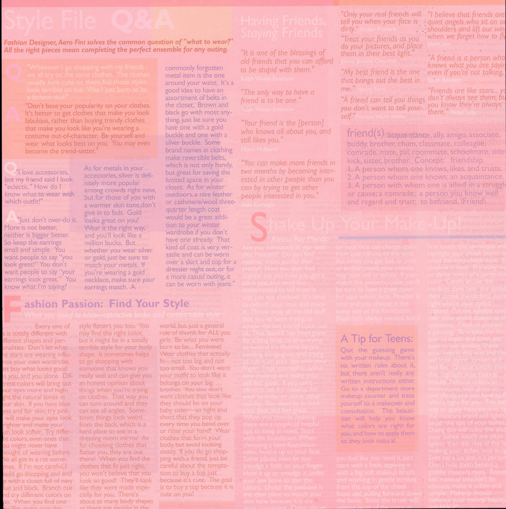 Karen Foster Design Pink Magazine 12x12 scrapbook paper - soft blush pink background with coral and pink fashion magazine article text overlay