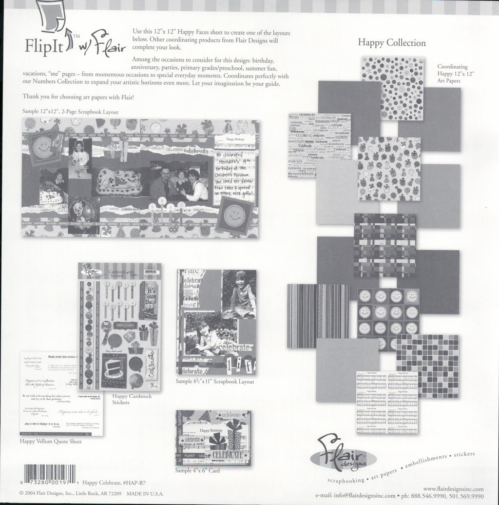Flair Designs Happy Celebrate 12x12 scrapbook paper - reverse side showing Happy Collection coordinating products, item HAP-B7, Made in USA