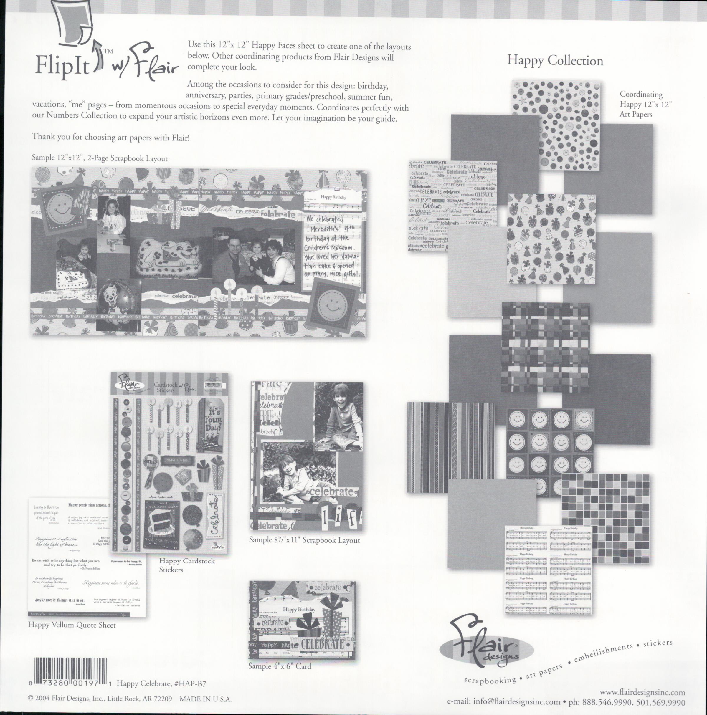 Flair Designs Happy Celebrate 12x12 scrapbook paper - reverse side showing Happy Collection coordinating products, item HAP-B7, Made in USA