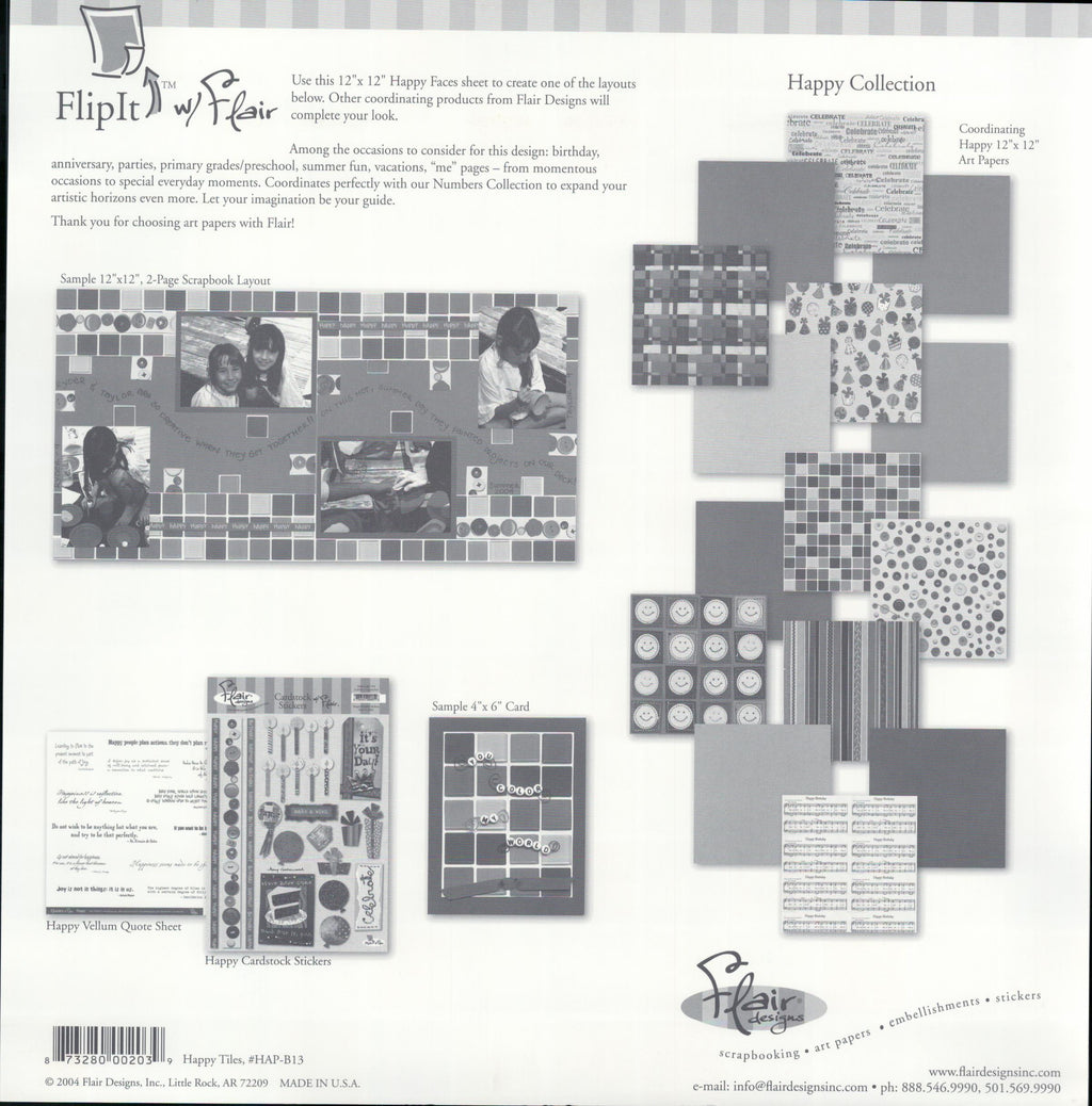Flair Designs Happy Tiles 12x12 scrapbook paper - reverse side showing Happy Collection coordinating products, item HAP-B13, Made in USA