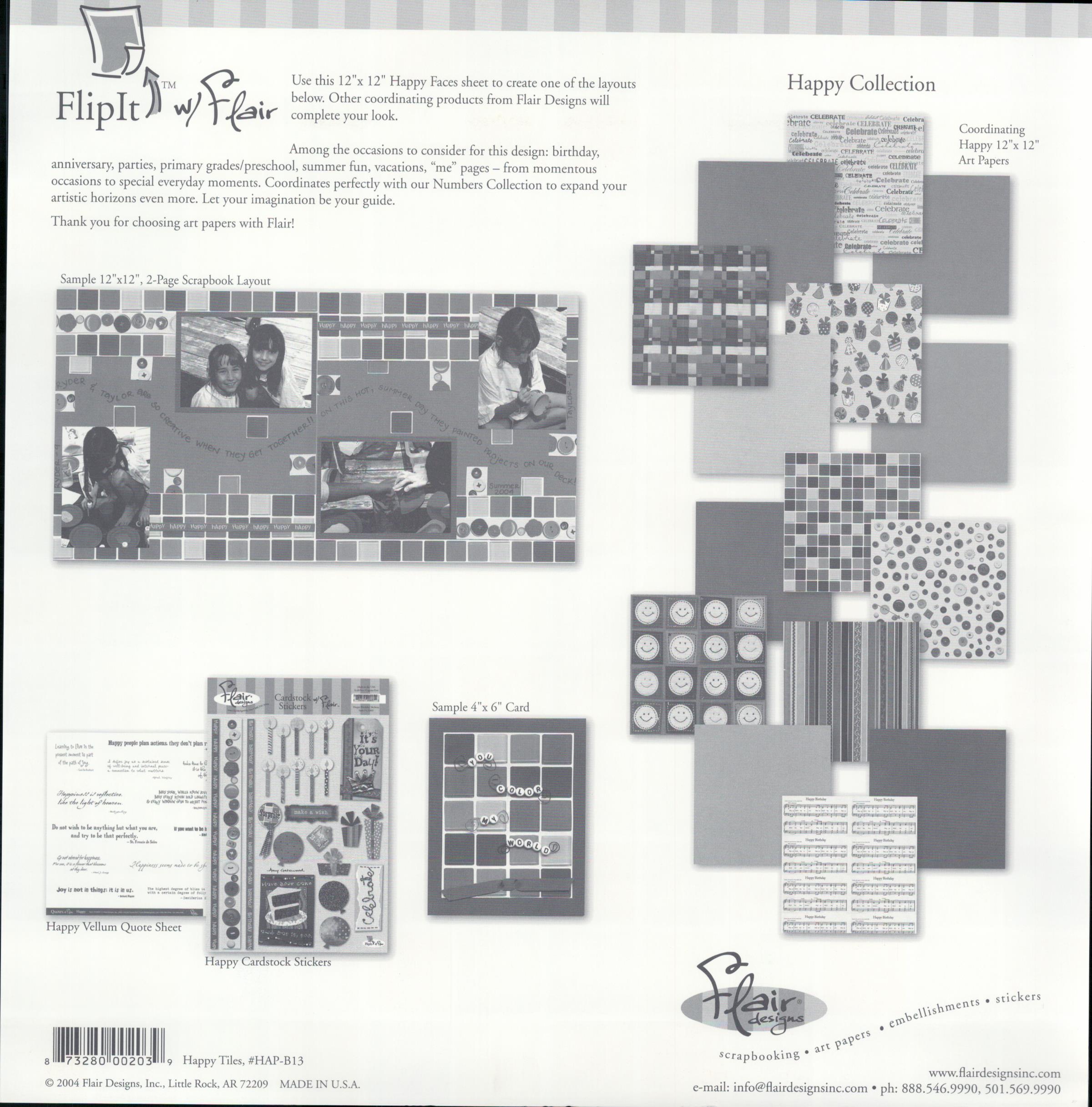 Flair Designs Happy Tiles 12x12 scrapbook paper - reverse side showing Happy Collection coordinating products, item HAP-B13, Made in USA