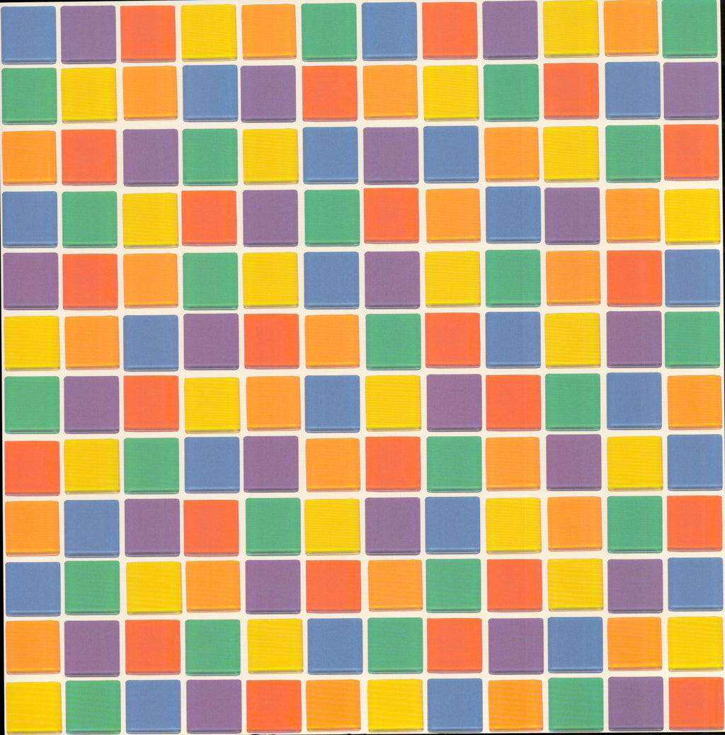 Flair Designs Happy Tiles 12x12 scrapbook paper - colorful mosaic grid of rounded squares in yellow, orange, red, purple, blue, teal, and green on cream background