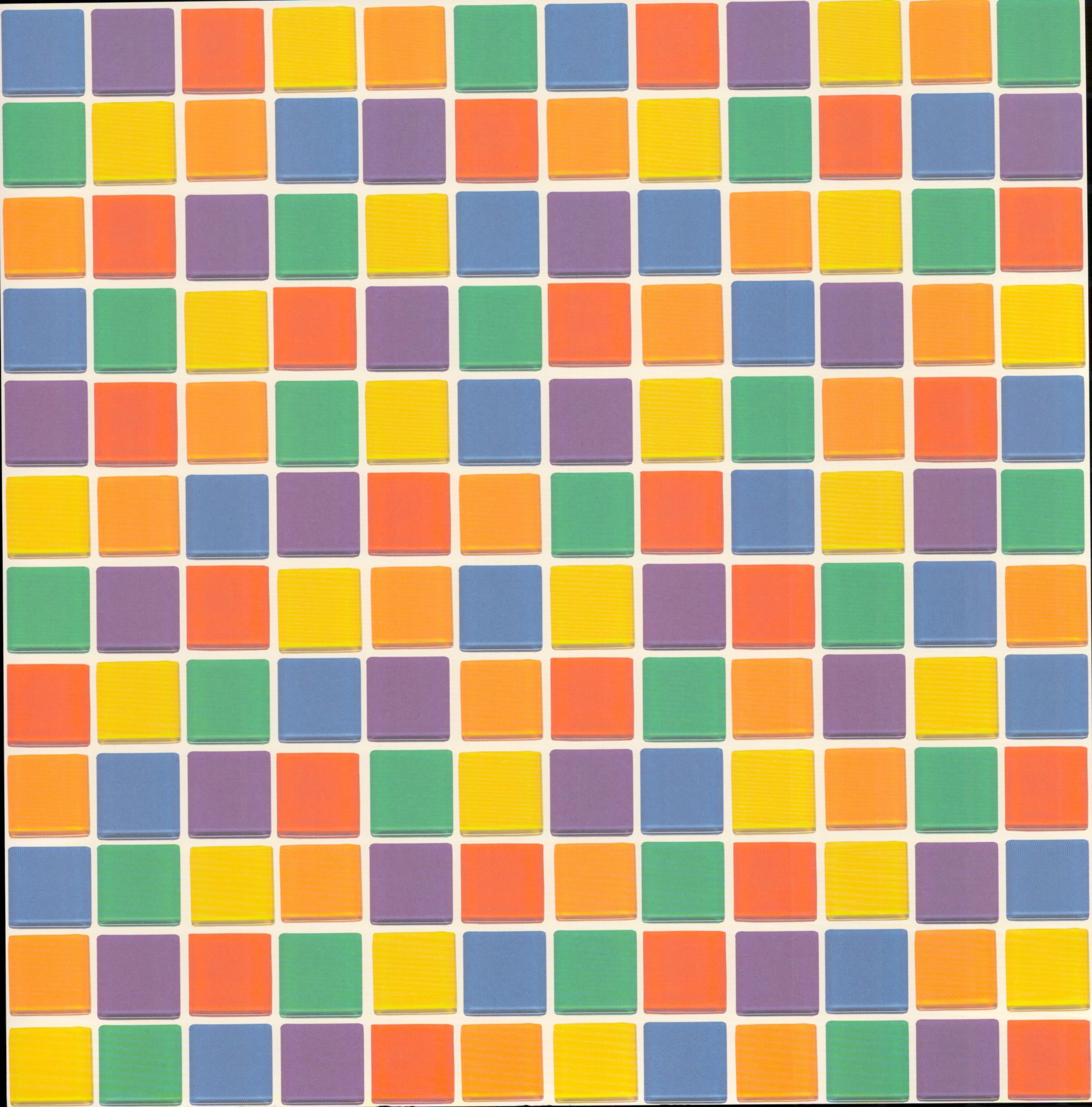 Flair Designs Happy Tiles 12x12 scrapbook paper - colorful mosaic grid of rounded squares in yellow, orange, red, purple, blue, teal, and green on cream background