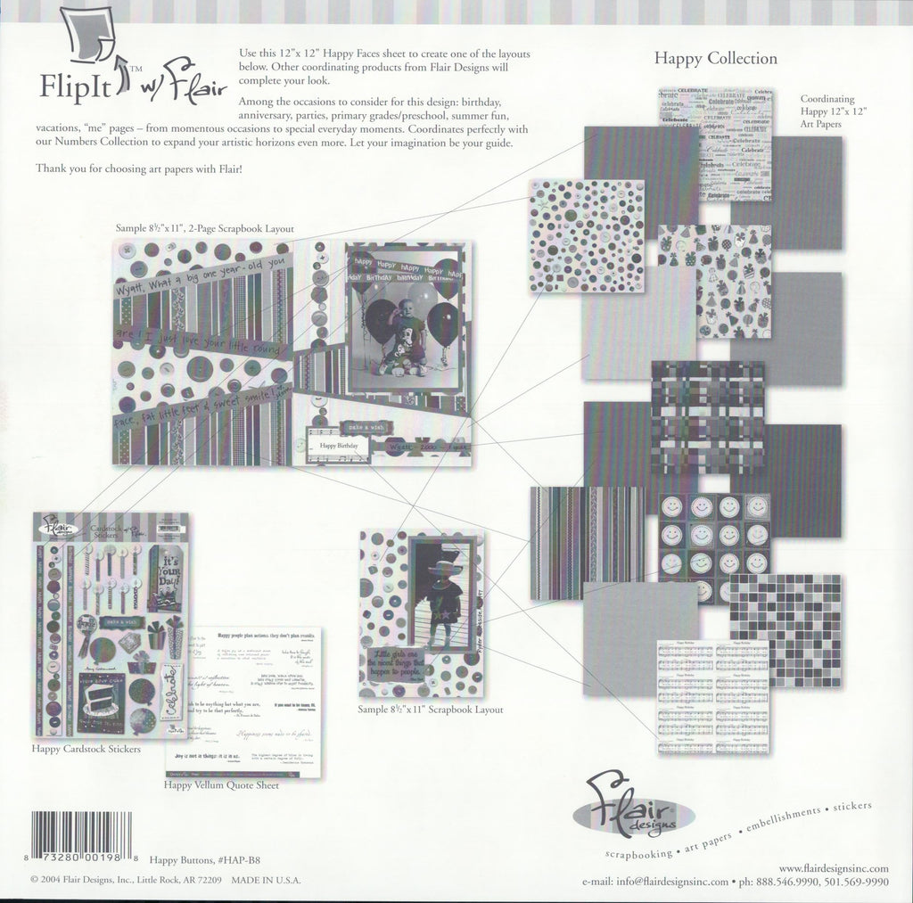 Flair Designs Happy Buttons 12x12 scrapbook paper - reverse side showing Happy Collection coordinating products, item HAP-B8, Made in USA