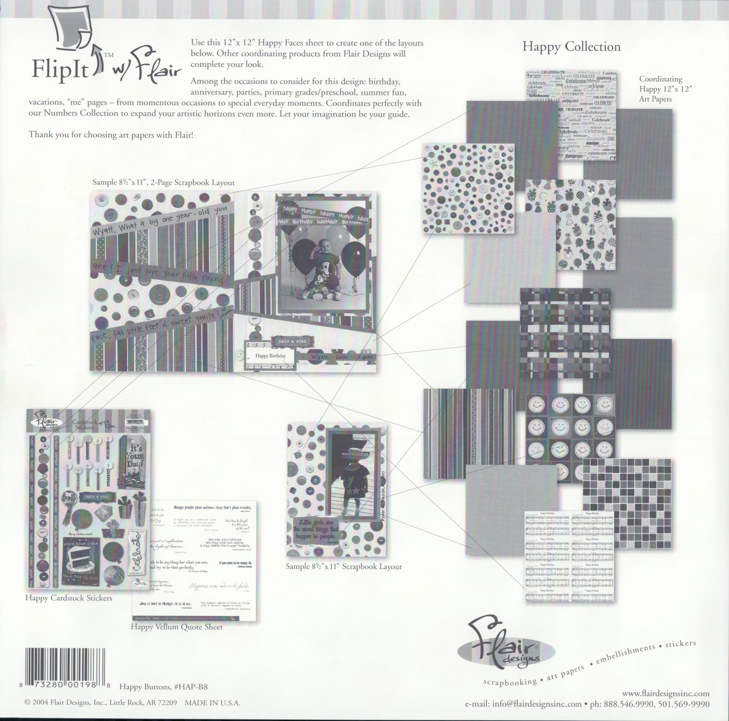 Flair Designs Happy Buttons 12x12 scrapbook paper - reverse side showing Happy Collection coordinating products, item HAP-B8, Made in USA