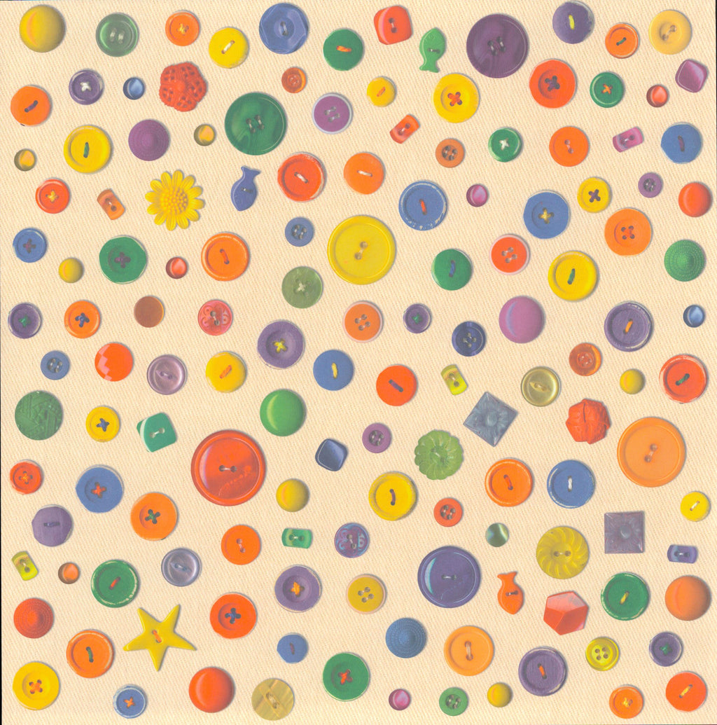 Flair Designs Happy Buttons 12x12 scrapbook paper - all-over toss of colorful buttons in round, square, flower, and star shapes on soft cream linen background