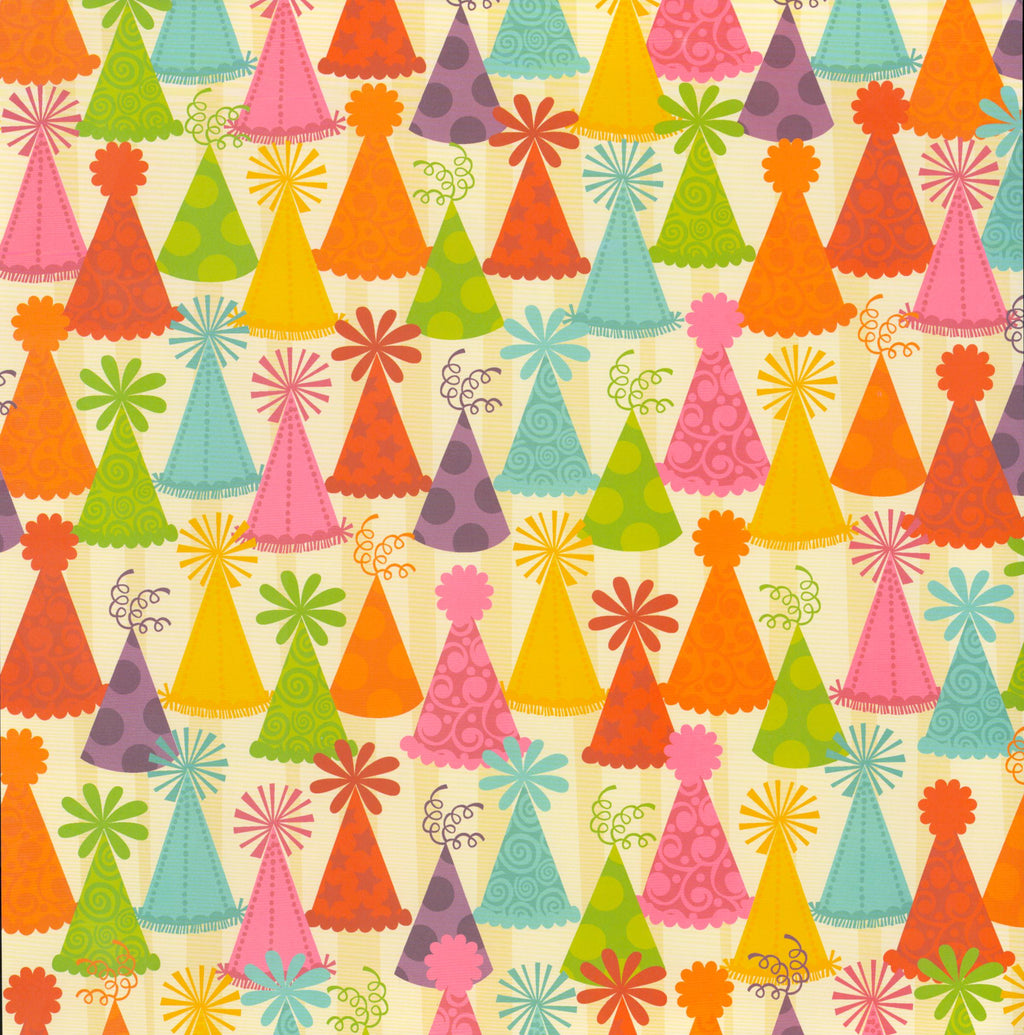 The Paper Studio Birthday Party Hats 12x12 scrapbook paper - colorful scalloped party hats in orange, pink, yellow, teal, green, and purple on cream striped background