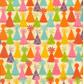 The Paper Studio Birthday Party Hats 12x12 scrapbook paper - colorful scalloped party hats in orange, pink, yellow, teal, green, and purple on cream striped background