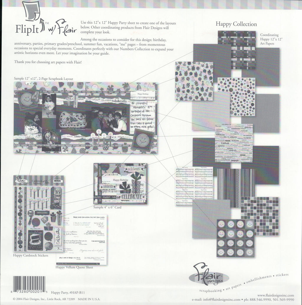 Flair Designs Happy Party 12x12 scrapbook paper - reverse side showing Happy Collection coordinating products, item HAP-B11, Made in USA