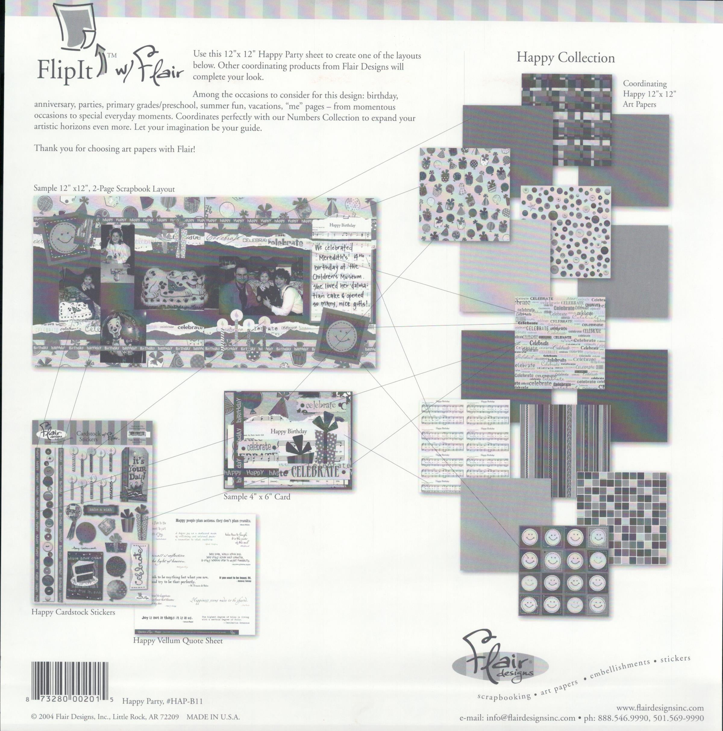 Flair Designs Happy Party 12x12 scrapbook paper - reverse side showing Happy Collection coordinating products, item HAP-B11, Made in USA