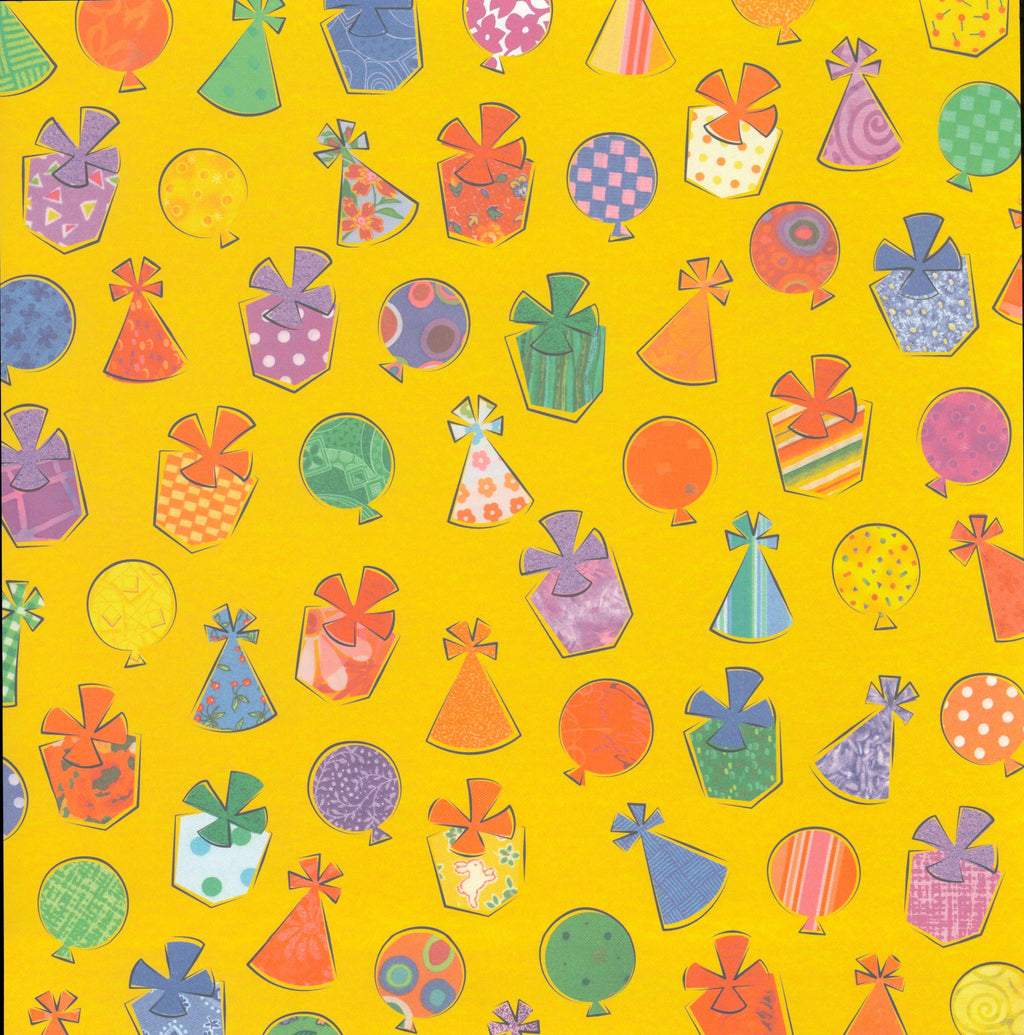 Flair Designs Happy Party 12x12 scrapbook paper - bright yellow background with all-over toss of colorful party hats, gift boxes, and balloons in mixed patterns