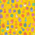Flair Designs Happy Party 12x12 scrapbook paper - bright yellow background with all-over toss of colorful party hats, gift boxes, and balloons in mixed patterns