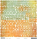Basic Grey Motifica Letter Stickers 12x12 - full double alphabet in orange and sage green woodgrain letters with numerals and punctuation